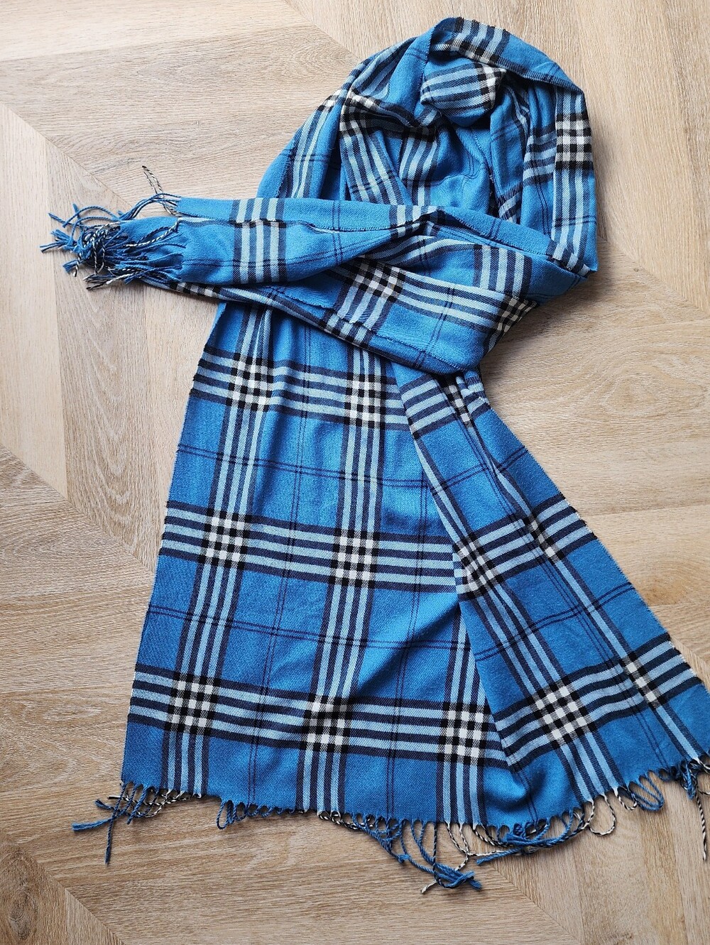 Gorgeous Deep Blue Plaid Burberry Scarf with Fringe, No Tag